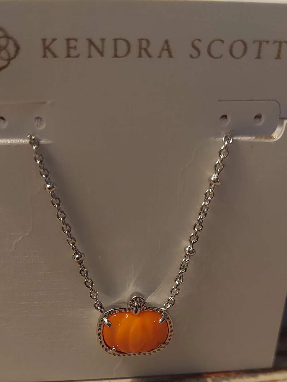 Kendra Scott Silver Necklace with Bright Orange Pumpkin Pendant